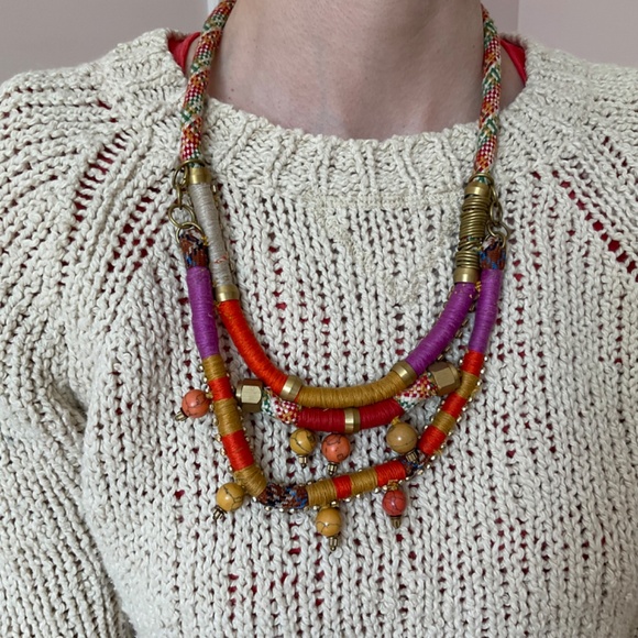 Anthropologie Multi Strand Thread & Bead Statement Necklace Brass Tone A… - Picture 9 of 9